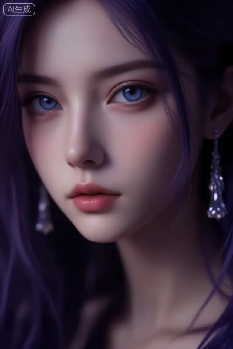 a close-up portrait of a young woman with striking blue eyes and long, dark purple hair, she is positioned in the middle of the image, looking directly at the viewer with a serene expression, the woman has fair skin and is wearing large, dangling earrings that catch the light, her lips are slightly parted, revealing a hint of her signature, her hair is styled in long, wavy locks that frame her face, the lighting is soft and diffused, highlighting her features and creating a gentle glow on her skin, the background is dark and out of focus, allowing the focus to remain on the womans face and the earrings, the image has a realistic style with a focus on texture and detail, making it a beautiful and captivating piece of art,