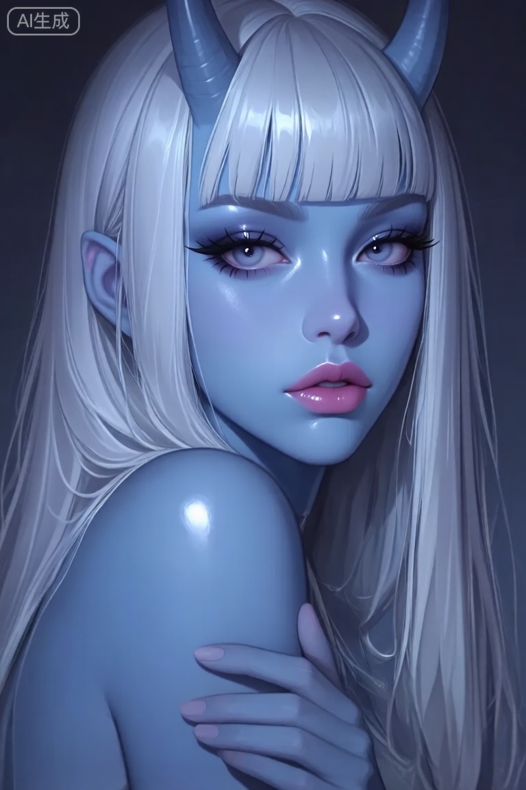 a digital illustration shoot from a portrait camera angle about a close-up portrait of a blue-skinned female character with long, straight, platinum blonde hair and two small, curved horns, the subject is positioned in the middle of the image, with her upper body facing the viewer and her eyes looking directly at the viewer, she has a serious expression and her lips are slightly parted, revealing a hint of her pink lipstick, her skin is smooth and shiny, with a glossy finish that reflects the light, her hair is styled in long hair with bangs, and she has large, expressive eyes that are accentuated by dramatic eyeliner and mascara, her ears are small and curved, and her body is slim, with bare shoulders, she is wearing minimal makeup, with no clothing or accessories, her hands are gently placed on her shoulder, adding a touch of elegance to the image, the background is a dark gradient, which contrasts with the bright blue tones of her skin and hair, creating a striking visual effect,