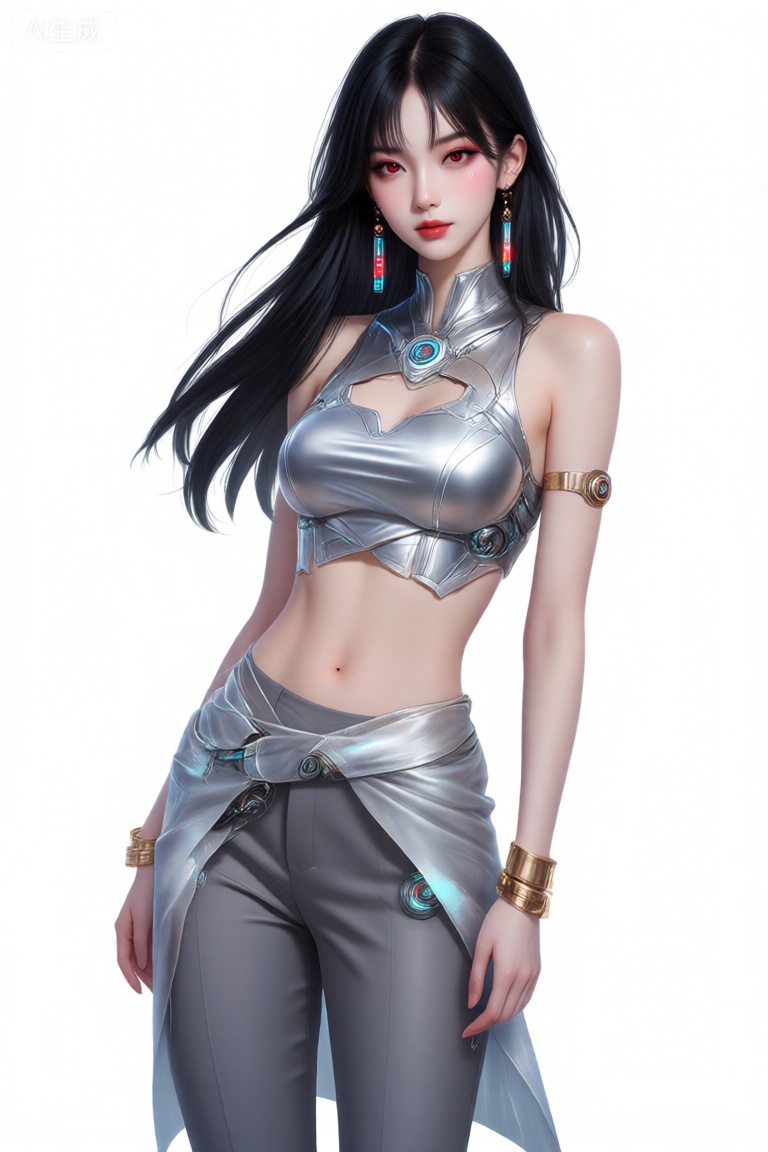 a digital illustration shoot from a portrait camera angle about a young woman with long black hair wearing a futuristic outfit, standing confidently in the middle of the image, the woman, who appears to be in her mid-twenties, has fair skin, a slender physique, and a confident expression, she is wearing a silver, sleeveless crop top that reveals her midriff and a pair of grey pants that are slightly tapered at the bottom, the top has a high-cut design with intricate details, and she is accessorized with gold bracelets and earrings, her long, straight black hair falls down her back, and her red eyes are looking directly at the viewer with a subtle smile, her lips are painted a soft red, and there is a subtle hint of blush on her cheeks, the background is a plain white, which helps to focus attention on the womans outfit