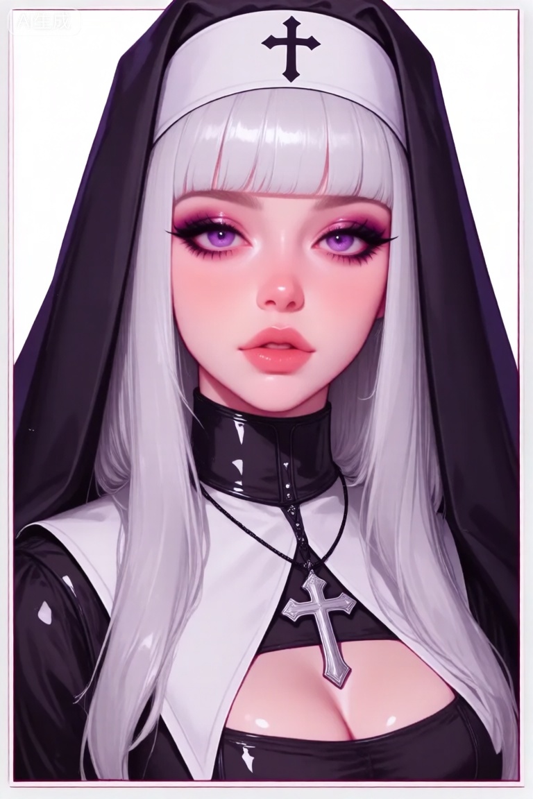 a digital illustration shoot from a portrait camera angle about a portrait of a young woman dressed as a nun with long, straight white hair and striking makeup, wearing a black and white nun outfit with a cross on her head and a cross necklace, the image also shows a close-up portrait of the subject, a 20-year-old woman with pale skin and long, silver hair, who appears to be looking directly at the viewer with a neutral expression, she has large, expressive purple eyes with dramatic eye makeup, and her lips are parted slightly, revealing a hint of her cleavage, her outfit consists of a black habit with a white veil and a black choker with a silver cross pendant, the background is a plain white, and the image has a soft, pastel color palette with a glossy finish,