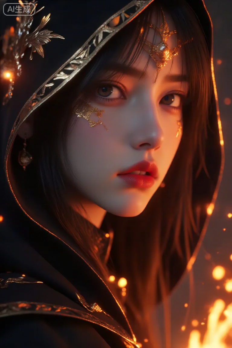 a photo-realistic portrait shoot from a close-up camera angle about a young woman with pale skin and long black hair, wearing a dark hooded cloak adorned with gold embellishments and a golden headpiece, the image also shows a glowing effect in the background, creating a warm and mystical atmosphere, on the middle of the image, a 1woman, who appears to be in her early twenties, with a serious expression, is facing the viewer, looking directly at the camera, she has dark brown hair and is wearing a black cloak with gold accents and a hood up, adorned with a gold headpiece and earrings, her lips are parted, and she has red lipstick, her eyes are large and brown, and her face is adorned with intricate gold jewelry, the background is dark and blurry, with glowing orange and yellow lights, giving the image a magical and ethereal feel,