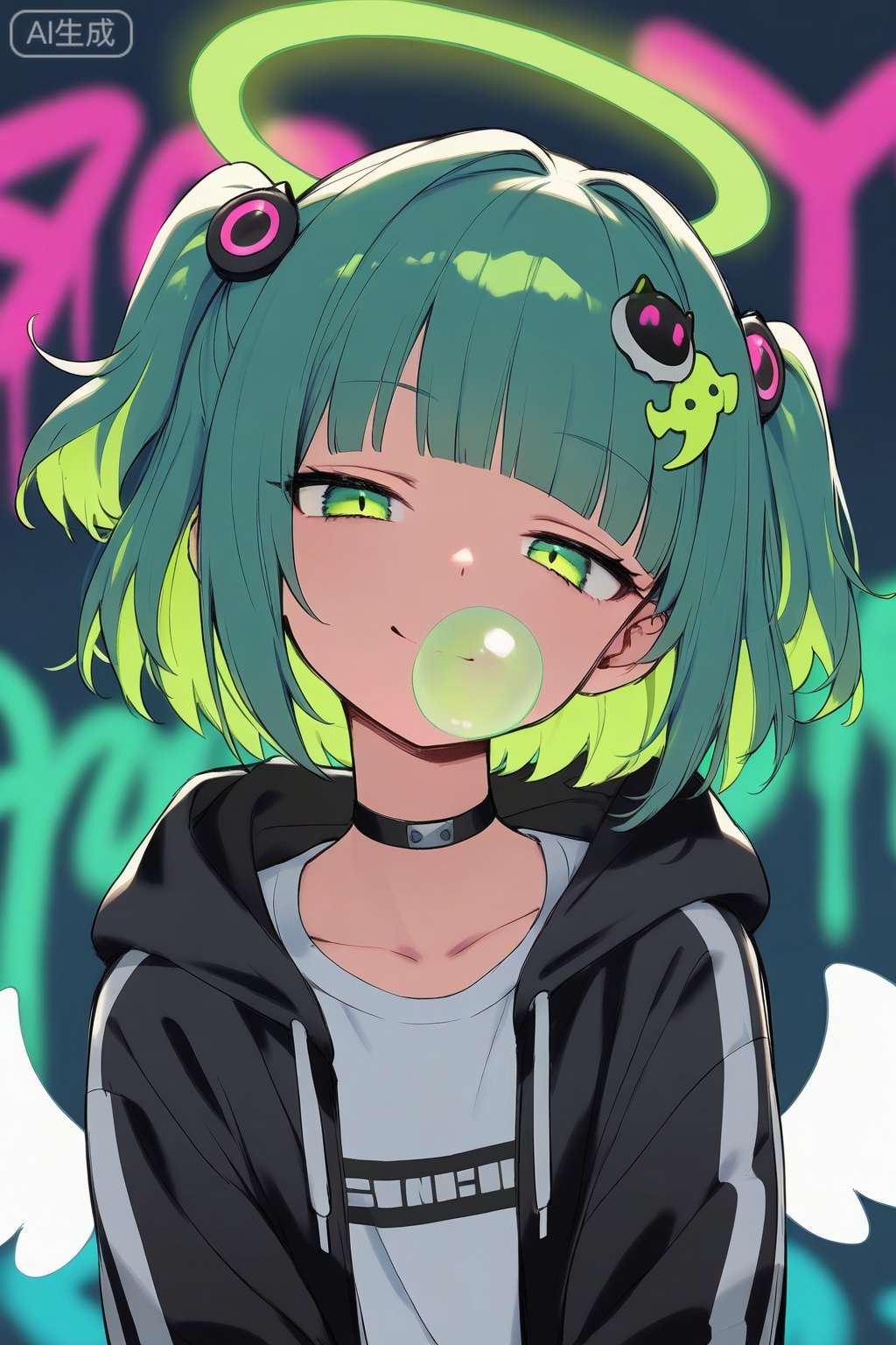 (best quality),(amazing quality),(very aesthetic),1girl, solo, bubble, looking at viewer, jacket, hood, choker, bubble blowing, hair ornament, multicolored hair, glowing halo, graffiti-style hair ornament, upper body, hood down, urban neon background (blurred), black choker, green and purple hair, short hair, blunt bangs, white shirt, hooded jacket, bright green eyes, open jacket, black jacket, hoodie, subtle white wings (implied), confident smirk, sketch, limited palette, simple background