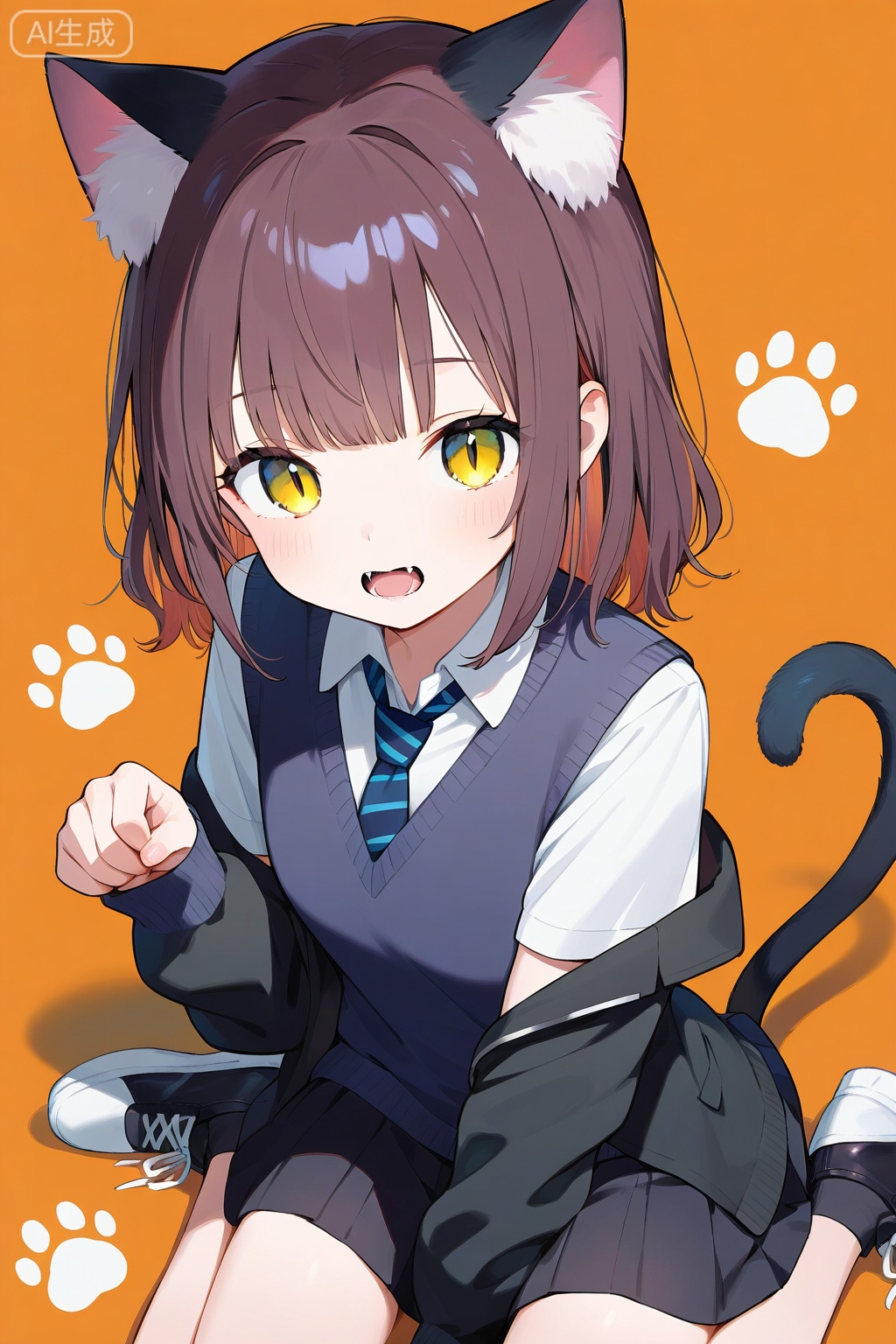 1girl, solo, looking at viewer, open mouth, bangs, skirt, brown hair, shirt, long sleeves, animal ears, sitting, school uniform, jacket, tail, yellow eyes, white shirt, short sleeves, pleated skirt, open clothes, necktie, shoes, socks, striped, collared shirt, cat ears, miniskirt, black skirt, medium hair, vest, cat tail, animal ear fluff, fangs, wariza, cat girl, slit pupils, extra ears, sweater vest, paw pose, blue necktie, orange background, striped necktie