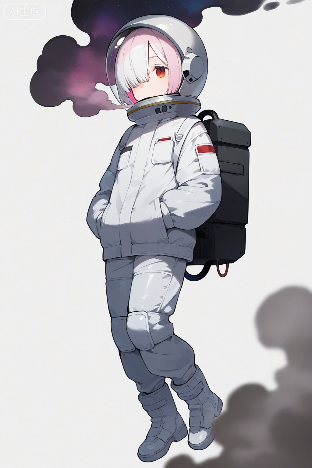 1girl,solo,white background,helmet,hands in pockets,simple background,boots,pink hair,full body,white footwear,smoke,hair over one eye,short hair,space helmet,white hair,personification,spacesuit,red eyes,long sleeves,covered mouth,grey jacket,