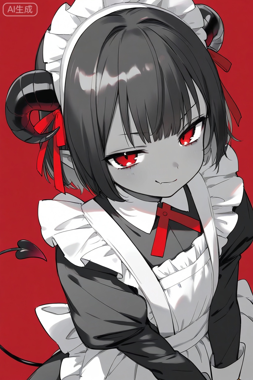 (best quality),(amazing quality),(very aesthetic),1girl, solo, looking at viewer, short hair, bangs, black hair, long sleeves, maid dress, black dress, ribbon, closed mouth, red eyes, hair ribbon, upper body, frills, puffy sleeves, apron, white apron, maid apron, frilled apron, collared dress, small demon horns, subtle demon tail, dark skin, mischievous smirk, deep red background, sketch, limited palette, simple background