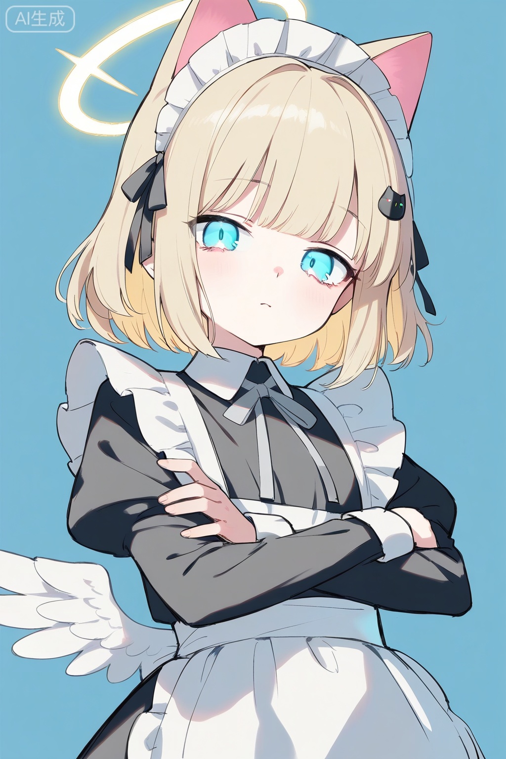 (best quality),(amazing quality),(very aesthetic),1girl, solo, looking at viewer, short hair, bangs, blonde hair, long sleeves, maid dress, black dress, ribbon, closed mouth, blue eyes, hair ribbon, upper body, frills, puffy sleeves, apron, white apron, maid apron, frilled apron, collared dress, glowing halo, small white wings, animal ears (cat ears), innocent expression, light blue background, sketch, limited palette, simple background