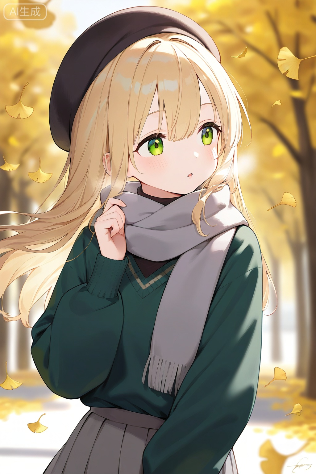 1girl, ginkgo leaf, solo, green eyes, long hair, scarf, leaf, hat, outdoors, black headwear, sweater, signature, skirt, tree, blonde hair, beret, long sleeves, hair between eyes, black sweater, blush, autumn leaves, autumn, falling leaves, parted lips, grey skirt, :o, blurry, day, hand up, blurry background, grey scarf, puffy long sleeves, upper body, open mouth, pleated skirt, looking to the side, green sweater, puffy sleeves