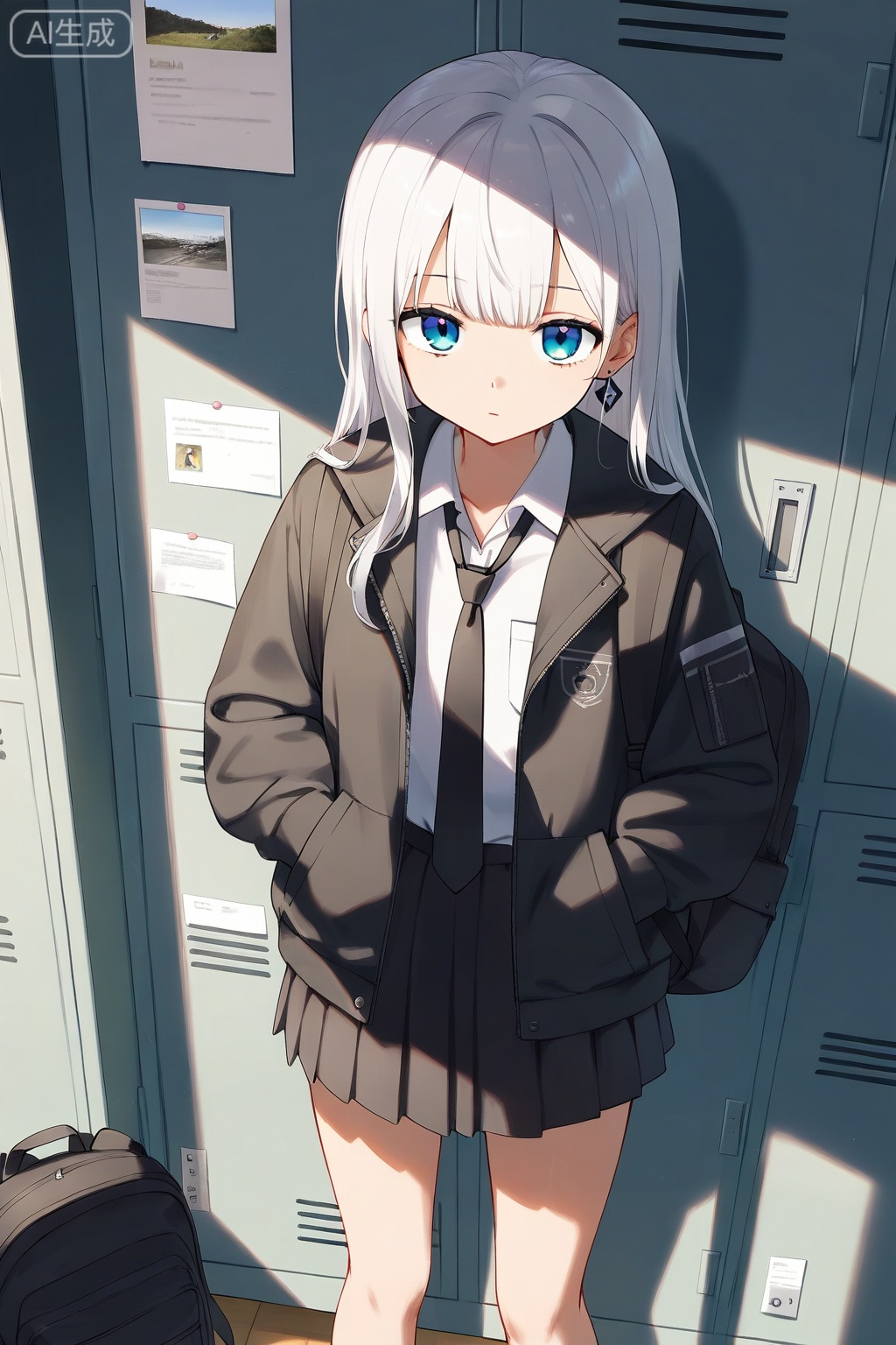 1girl, locker, solo, necktie, hands in pockets, black necktie, skirt, shirt, white shirt, long hair, jacket, photo (object), collared shirt, black skirt, looking at viewer, blue eyes, pleated skirt, locker room, shadow, black jacket, closed mouth, open clothes, bag, standing, feet out of frame, white hair, backpack, loose necktie, sunlight, open jacket, paper, miniskirt, earrings, pocket, shade, long sleeves, jewelry, bulletin board