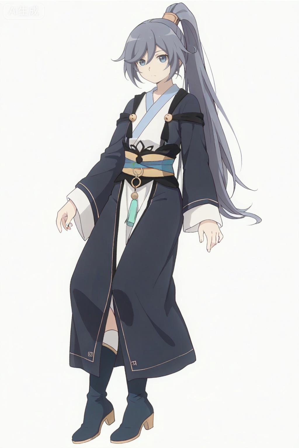 masterpiece, best quality,solo,((white background:1.2)),simple background,, 
looking at viewer,canzhuo_style,fu_hua,ponytail,hanfu,long sleeves,ornament,Chinese clothes,taoist robes,boots,gold_trim,jewelry,Tassel