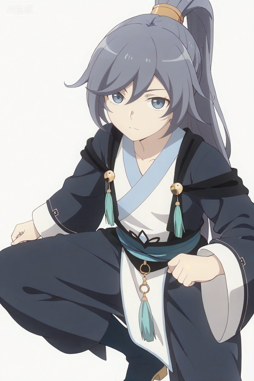 masterpiece, best quality,solo,((white background:1.2)),simple background,, 
looking at viewer,canzhuo_style,fu_hua,ponytail,hanfu,long sleeves,ornament,Chinese clothes,taoist robes,boots,gold_trim,jewelry,Tassel