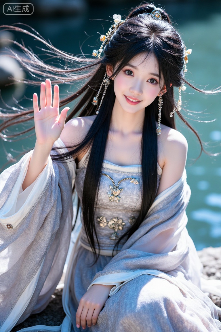 a young woman,long black hair,looking at viewer,hanfu,Chinese dress,sitting on rock,hair accessories,jewelry,hair ornament, chinese clothes, shawl,waving,smile,lake,sunshine,strong lighting,bright