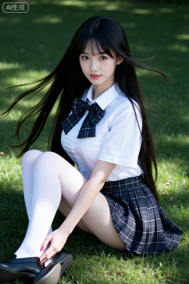 a young woman with long black hair,huge breasts,school uniform,Collared white shirt,bowtie,white pantyhose,plaid skirt,legs,wind,sitting,black loafers,knee up,lawn,sun