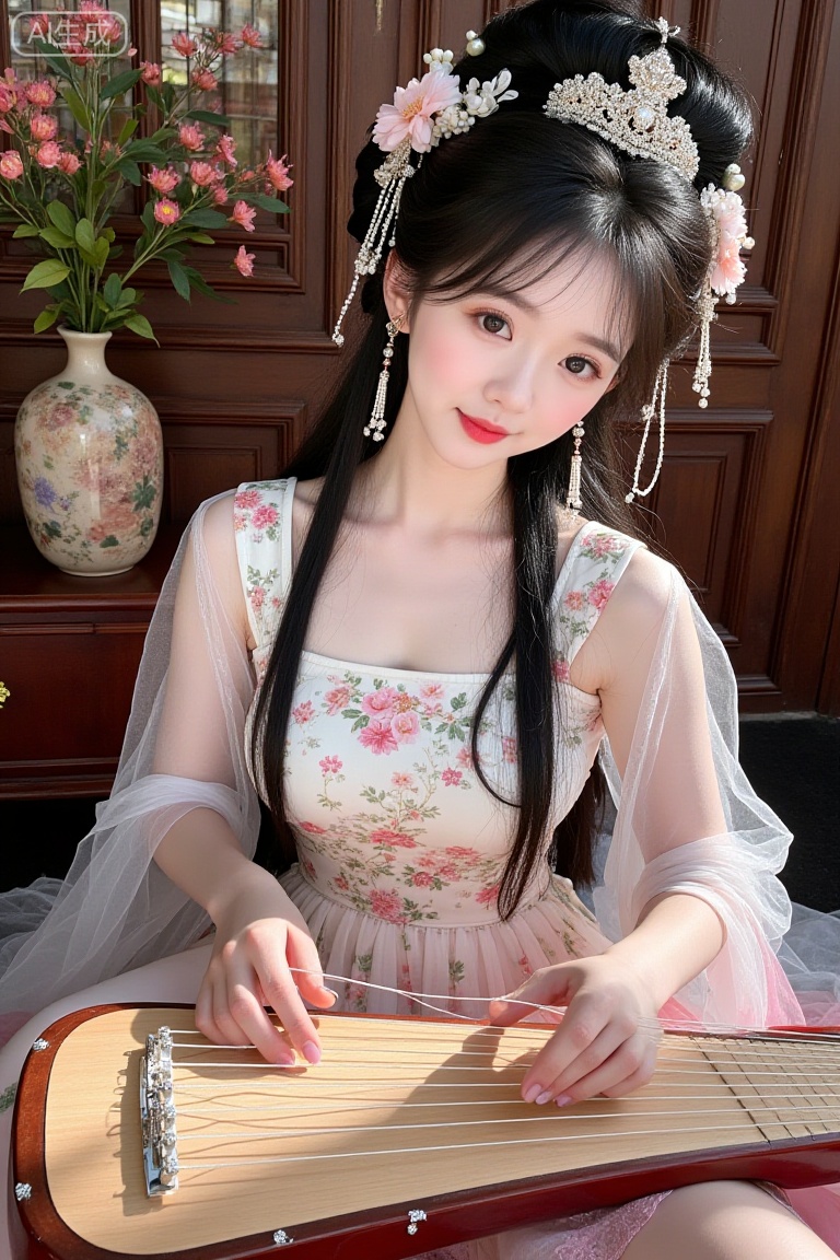 a young woman,long black hair,looking at viewer,playing guzheng(instrument),hanfu,Chinese dress,sitting,hair accessories,jewelry