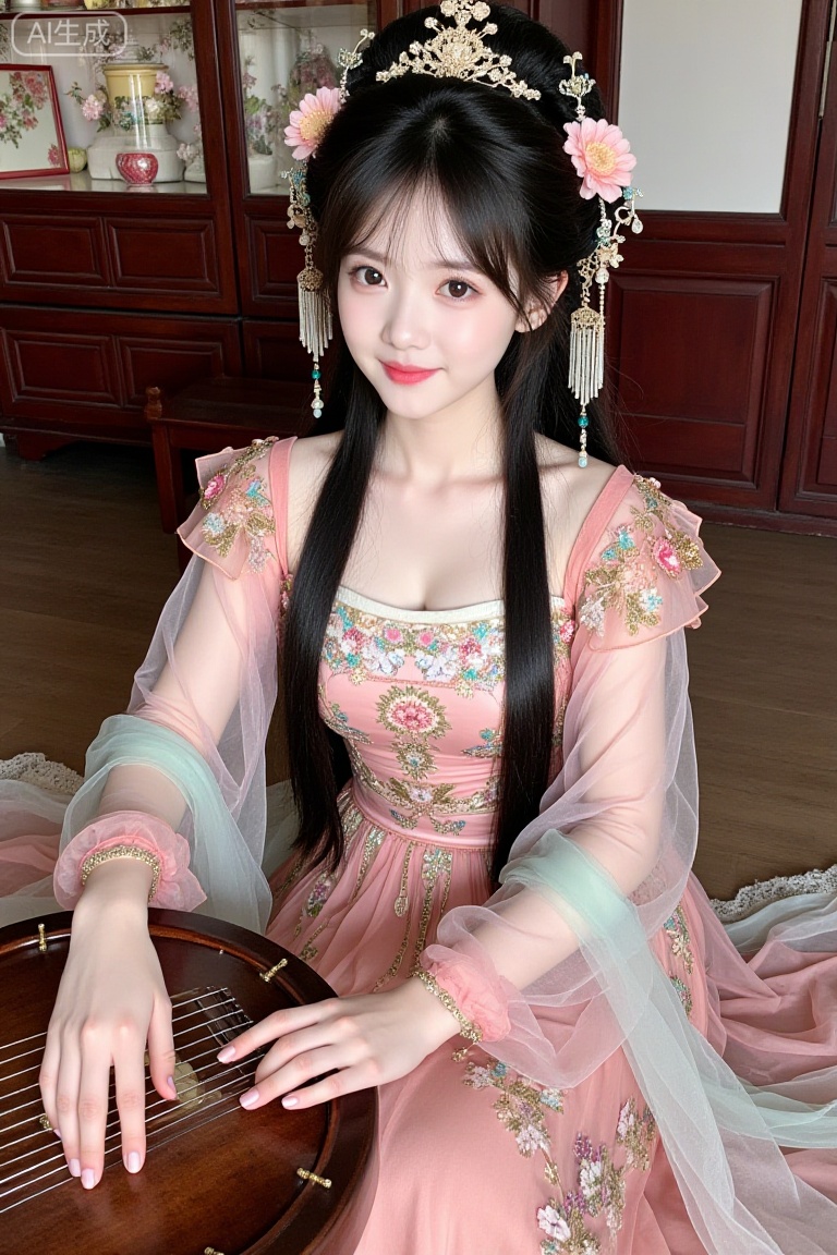 a young woman,long black hair,looking at viewer,playing guzheng(instrument),hanfu,Chinese dress,sitting,hair accessories,jewelry