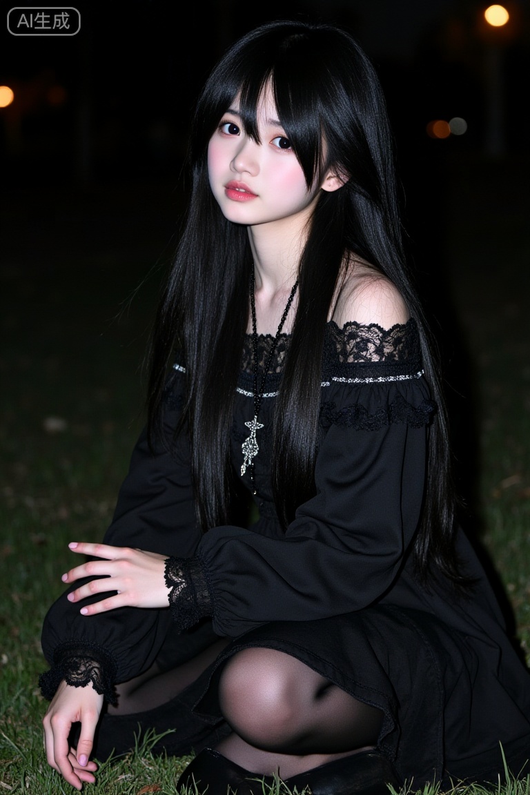 a young woman with long black hair,gothic lolita with delicate  decorated and collare,with shoulder,trim,lace,black sheer pantyhose,legs,wind,sitting,black mary janes,crossed legs,garden,The background is dark,with a few lights visible.thighs,fair skin