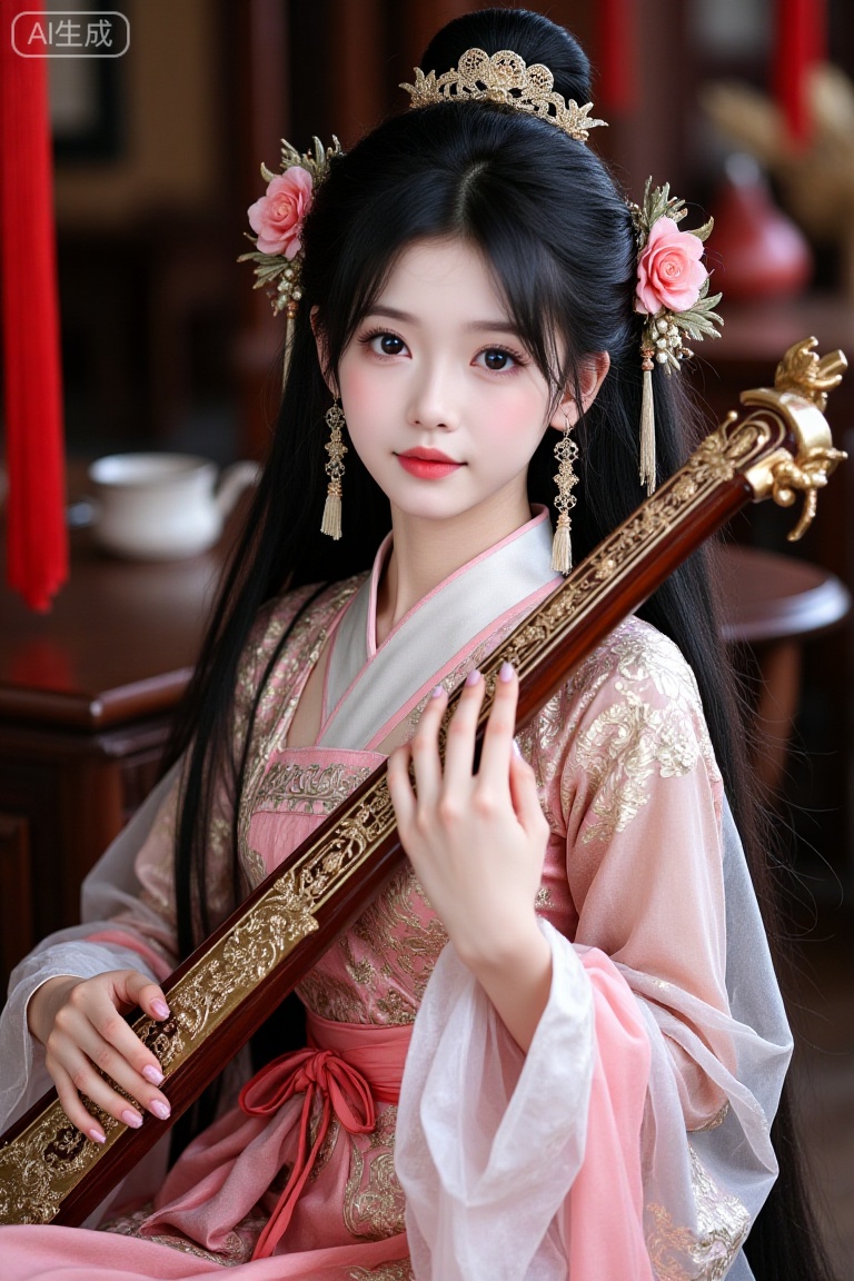 a young woman,long black hair,looking at viewer,playing guzheng(instrument),hanfu,Chinese dress,sitting,hair accessories,jewelry