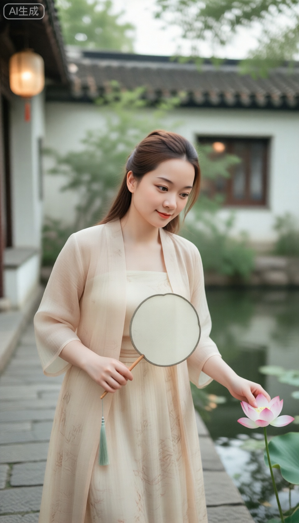 FUJI,20 岁女生,中等棕色头发（自然蓬松质感+ 少量碎发散落）,身着【汉服款式,如：宋制褙子+ 百迭裙/ 明制立领袄裙/ 唐制齐胸襦裙/ 汉元素套装】,面料质感清晰（可选：棉麻粗糙肌理/ 丝绸柔和光泽/ 纱质通透轻薄/ 织锦细腻纹路）,衣纹自然真实（动作拉扯形成的褶皱+ 关节处堆叠纹路+ 久坐后的自然折痕）,皮肤带原生纹理（轻微毛孔+ 鼻尖细小绒毛+ 眼下淡卧蚕+ 自然肤色不均+ 颧骨轻微泛红）,五官非完美对称（眉形粗细自然变化+ 睫毛疏密不一+ 嘴唇带细微唇纹+ 嘴角自然放松弧度）,【场景描述,如：庭院青石板路+ 周边绿植环绕/ 书院窗边+ 竹影摇曳/ 湖边柳树下+ 水面涟漪/ 古街灯笼旁+ 青瓦白墙】,【动作描述,如：执团扇轻扇+ 手腕自然弯曲/ 俯身赏荷+ 指尖轻触花瓣/ 捧书卷轻翻+ 拇指按压书页/ 提裙摆漫步+ 重心轻微偏移】,细微动态补充（发丝自然垂落遮挡部分脸颊/ 手指轻捻衣料边缘/ 脖颈自然倾斜/ 眼镜微滑鼻梁）,单一自然光源（可选：窗边侧光/ 户外柔光/ 灯笼暖光/ 树荫斑驳光）,环境投影清晰（地面人物浅影+ 衣物光影渐变+ 背景物体投影叠加）,色彩饱和度适中（贴合真实衣物固有色+ 轻微环境色映射）,真实可爱风格,8K 高清分辨率,肤质细腻不磨皮,衣料质感还原,无过度美化、无夸张滤镜、无僵硬姿态