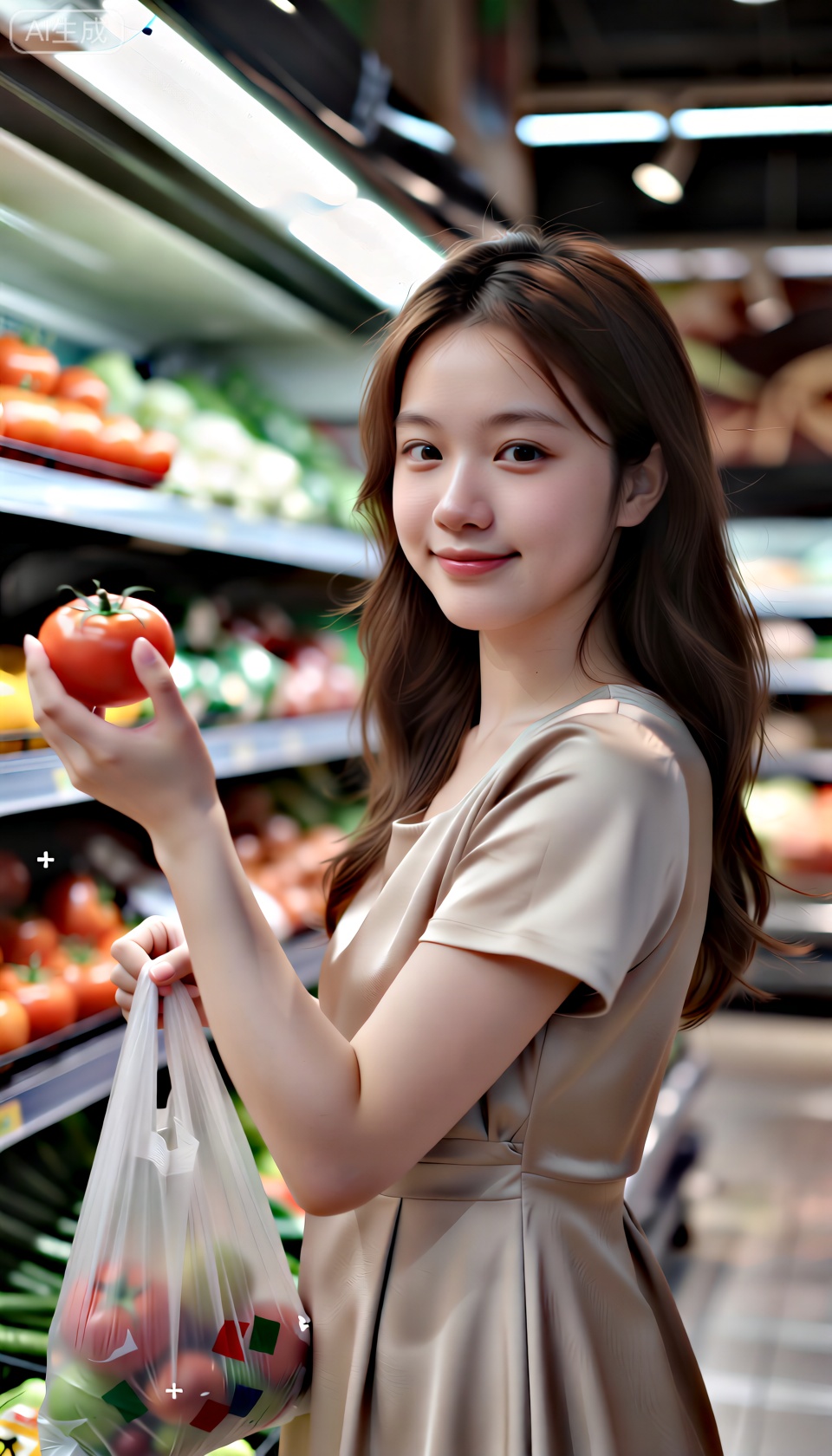 KAKA,20 岁女生,中等棕色头发（自然蓬松质感+ 少量碎发散落）,身着简约纯色连衣裙（丝绸柔和光泽+ 腰间轻微褶皱）,皮肤带原生纹理（轻微毛孔+ 鼻尖细小绒毛+ 眼下淡卧蚕+ 自然肤色不均）,五官非完美对称（眉形粗细自然变化+ 嘴唇带细微唇纹+ 嘴角自然放松弧度）,超市生鲜区,手持购物袋挑选番茄+ 指尖轻捏果实,细微动态（手臂自然抬起/ 发丝垂落后背/ 眼神认真打量）,单一自然光源（超市顶光）,环境投影清晰（货架阴影+ 衣物光影渐变+ 蔬菜区投影）,色彩饱和度适中,真实生活风格,8K 高清,肤质细腻不磨皮,无过度美化、无夸张滤镜