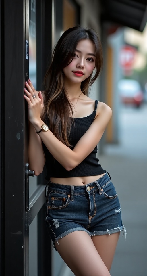 Silhouette Shot,  A casual street-style portrait of a young Thai woman leaning nonchalantly against a door. She wears a bl...