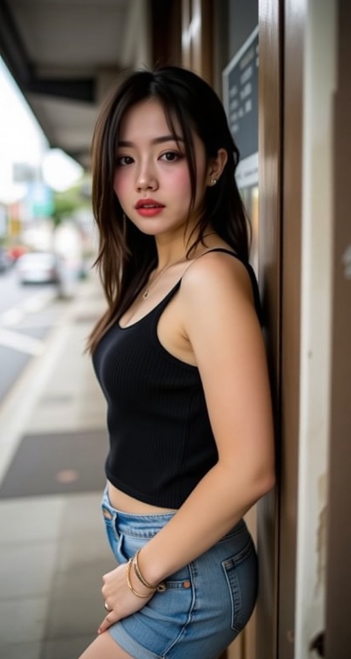 Silhouette Shot,  A casual street-style portrait of a young Thai woman leaning nonchalantly against a door. She wears a bl...