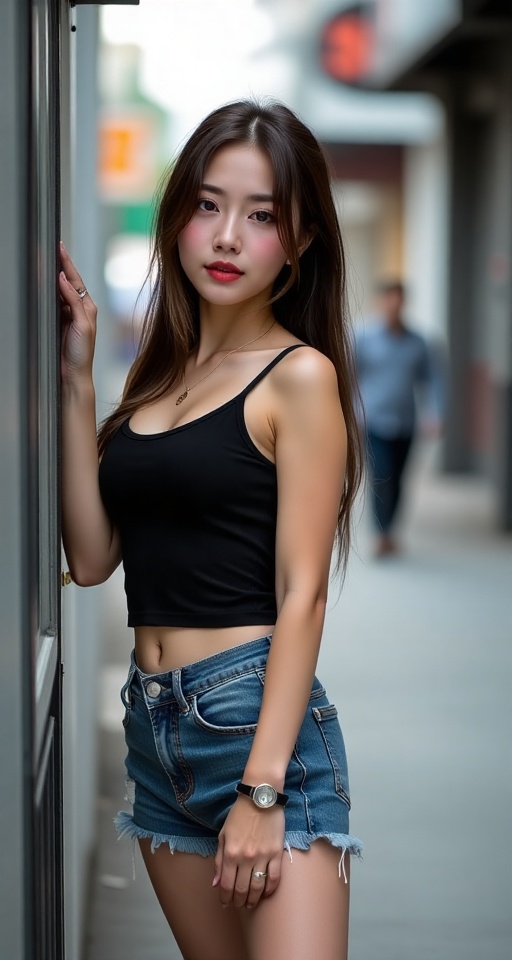 Silhouette Shot,  A casual street-style portrait of a young Thai woman leaning nonchalantly against a door. She wears a bl...