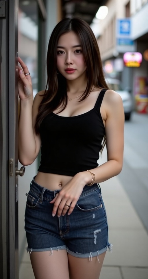 Silhouette Shot,  A casual street-style portrait of a young Thai woman leaning nonchalantly against a door. She wears a bl...