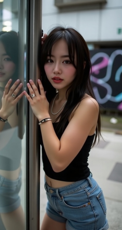 Silhouette Shot,  A casual street-style portrait of a young Thai woman leaning nonchalantly against a glass. She wears a b...