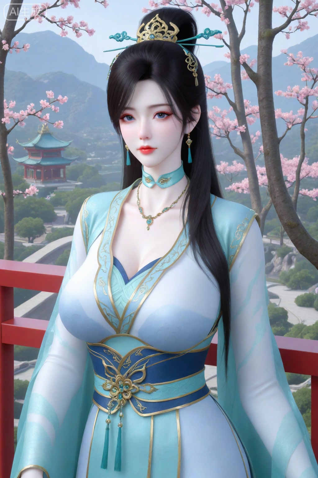 Masterpiece, top quality, ultra-high definition detail, 8K ultra-high definition, radiant skin,

1 girl, solo,

Black hair, long hair, hair accessories, hairpin, simple hairstyle, lips, makeup, medium bust, indifferent expression,

Hanfu, long robe, wide sleeves, shawl, exquisite clothing, jewelry,

Leaning against a balcony railing, against a backdrop of a Chinese imperial garden,

3D lighting, looking at the viewer, cleavage, sagging breasts, choker, boob curtain,

Masterpiece, top quality, stunning quality, incredibly stunning, absurd, latest, extremely beautiful, depth of field, high resolution