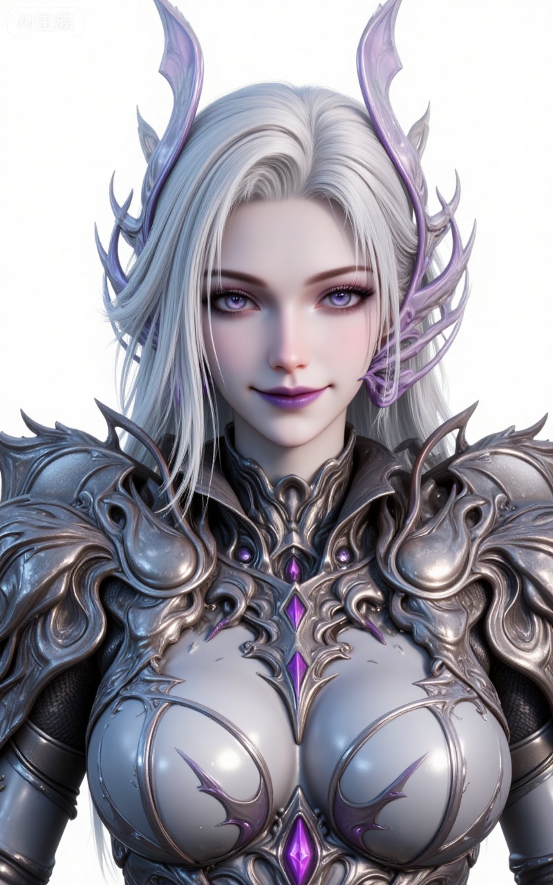 8k,best quality,masterpiece,(ultra-detailed),(high detailed skin),
nancheng, 1girl, solo, armor, looking at viewer, white background, purple eyes, smile, shoulder armor, white hair, simple background, upper body, purple lips, long hair, makeup, boobplate, breastplate, pauldrons, hair ornament, breasts, portrait,
lvjing,lvjing,guanghuapifu,pifu