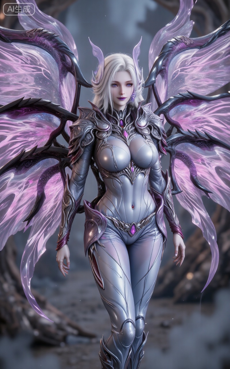 8k,best quality,masterpiece,(ultra-detailed),(high detailed skin),
nancheng, 1girl, wings, solo, breasts, armor, white hair, insect wings, looking at viewer, large breasts, bodysuit, shoulder armor, purple eyes, long hair, butterfly wings, cleavage, pauldrons, purple lips,
lvjing,lvjing,guanghuapifu,pifu