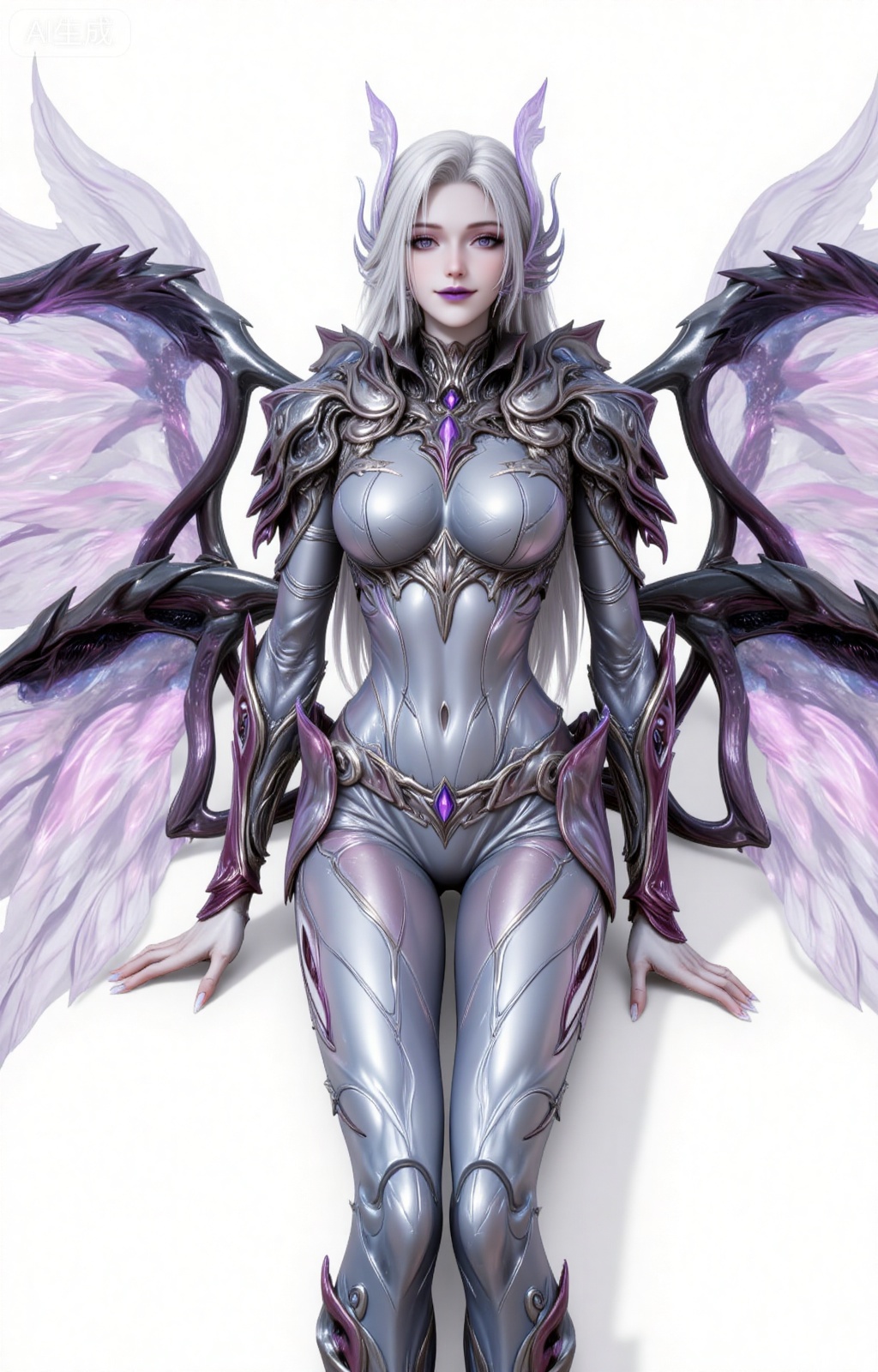 8k,best quality,masterpiece,(ultra-detailed),(high detailed skin),
nancheng, 1girl, wings, solo, white hair, white background, armor, multiple wings, sitting, full body, claws, bodysuit, looking at viewer, simple background, long hair, colored skin, breastplate, breasts,
lvjing,lvjing,guanghuapifu,pifu
