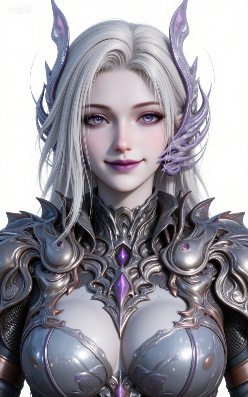 8k,best quality,masterpiece,(ultra-detailed),(high detailed skin),
nancheng, 1girl, solo, armor, looking at viewer, white background, purple eyes, smile, shoulder armor, white hair, simple background, upper body, purple lips, long hair, makeup, boobplate, breastplate, pauldrons, hair ornament, breasts, portrait,
lvjing,lvjing,guanghuapifu,pifu
