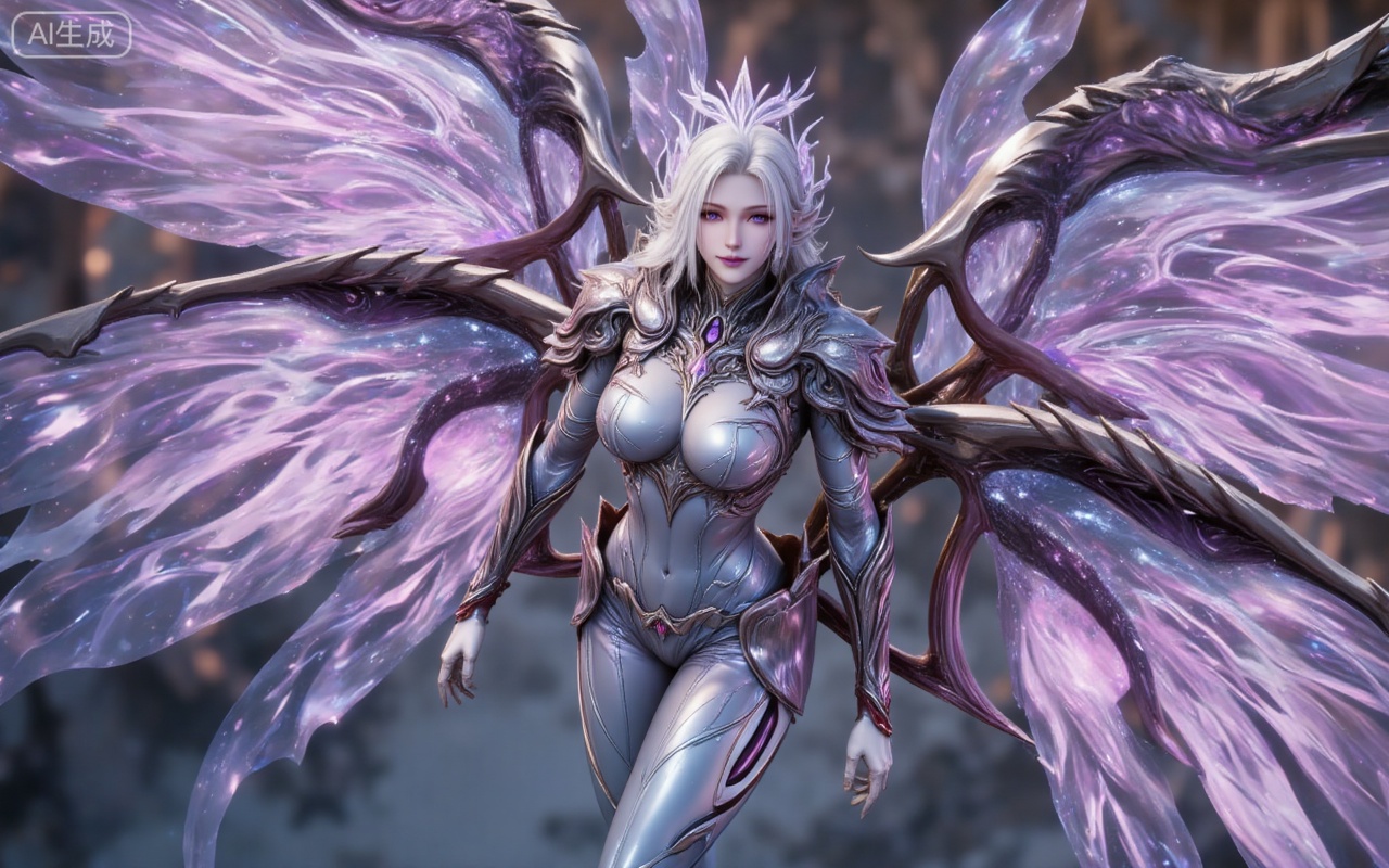 8k,best quality,masterpiece,(ultra-detailed),(high detailed skin),
nancheng, 1girl, wings, solo, breasts, armor, white hair, insect wings, looking at viewer, large breasts, bodysuit, shoulder armor, purple eyes, long hair, butterfly wings, pauldrons, purple lips,
lvjing,lvjing,guanghuapifu,pifu
