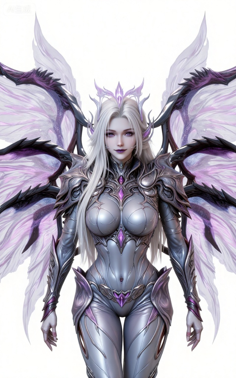 8k,best quality,masterpiece,(ultra-detailed),(high detailed skin),
nancheng, 1girl, solo, wings, white hair, white background, looking at viewer, upper body, multiple wings, long hair, colored skin, black lips, armor, pointy ears, breasts, simple background, horns, shoulder armor, breastplate, straight-on,
lvjing,lvjing,guanghuapifu,pifu