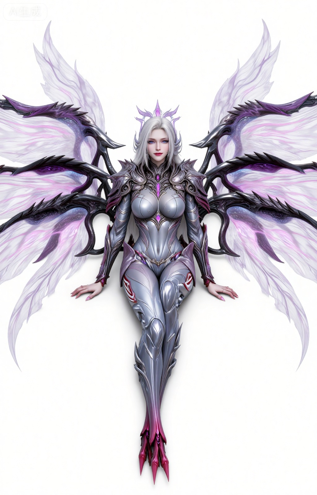 8k,best quality,masterpiece,(ultra-detailed),(high detailed skin),
nancheng, 1girl, wings, solo, white hair, white background, armor, multiple wings, sitting, full body, claws, bodysuit, looking at viewer, simple background, long hair, colored skin, breastplate, breasts,
lvjing,lvjing,guanghuapifu,pifu