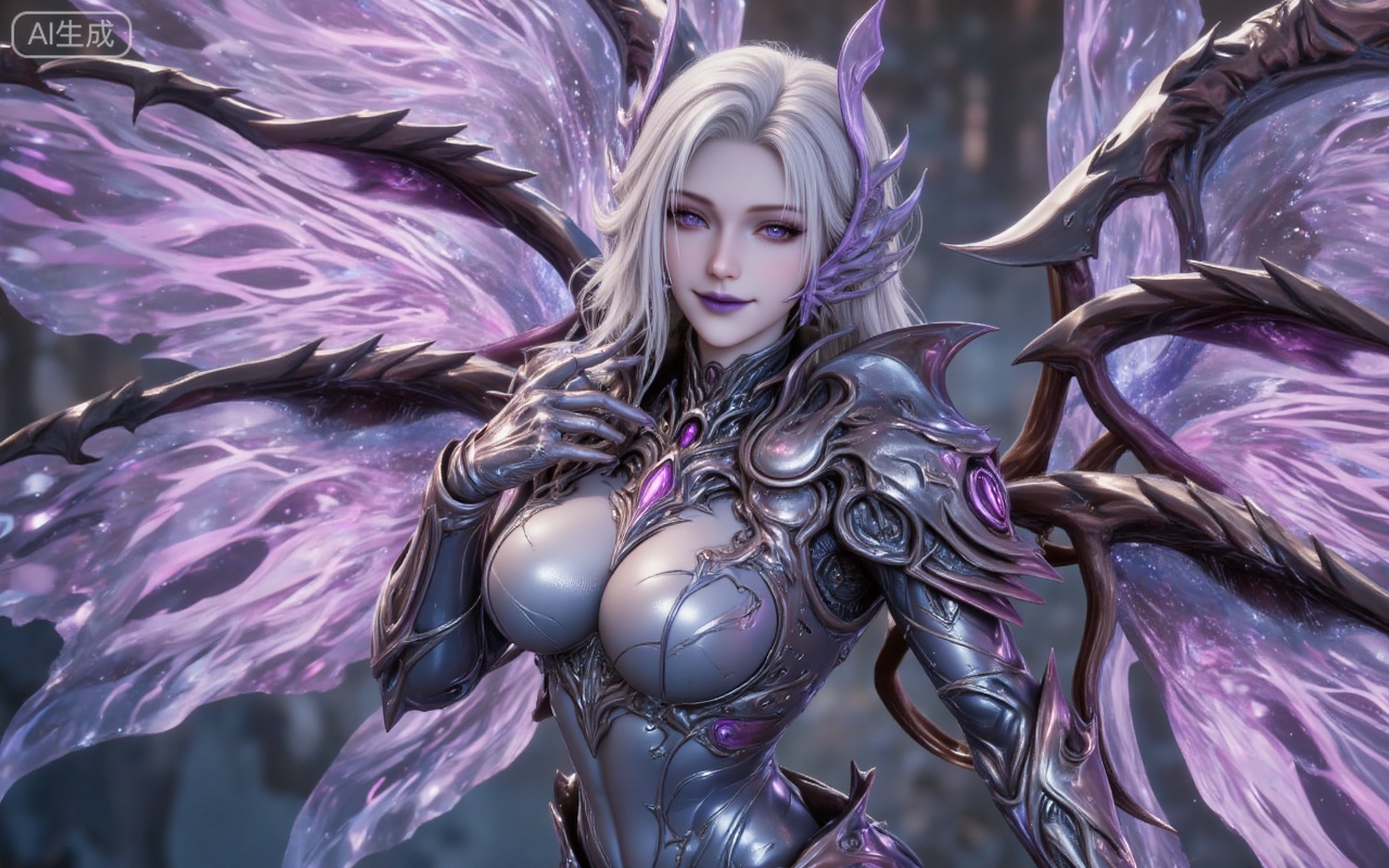 8k,best quality,masterpiece,(ultra-detailed),(high detailed skin),
nancheng, 1girl, wings, solo, breasts, armor, white hair, insect wings, looking at viewer, large breasts, bodysuit, shoulder armor, purple eyes, long hair, butterfly wings, pauldrons, purple lips,
lvjing,lvjing,guanghuapifu,pifu