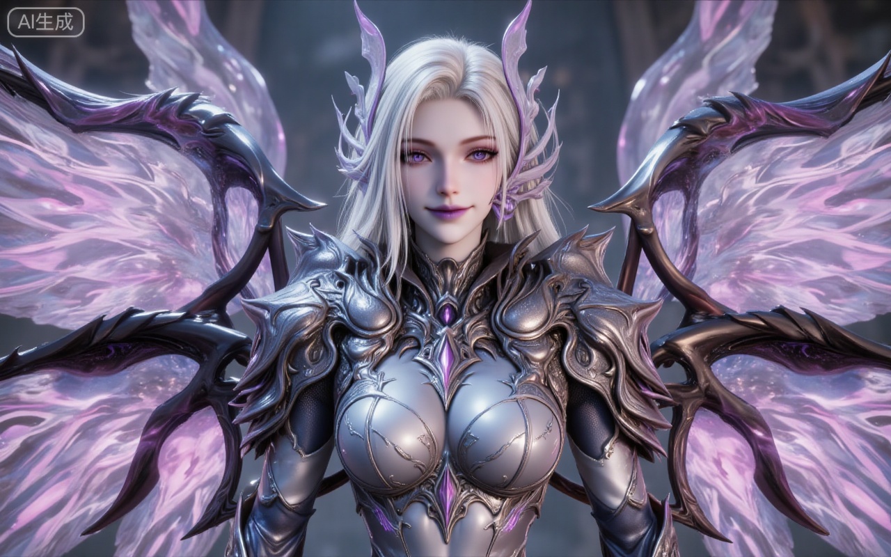 8k,best quality,masterpiece,(ultra-detailed),(high detailed skin),
nancheng, 1girl, wings, solo, breasts, armor, white hair, insect wings, looking at viewer, large breasts, bodysuit, shoulder armor, purple eyes, long hair, butterfly wings, cleavage, pauldrons, purple lips,
lvjing,lvjing,guanghuapifu,pifu