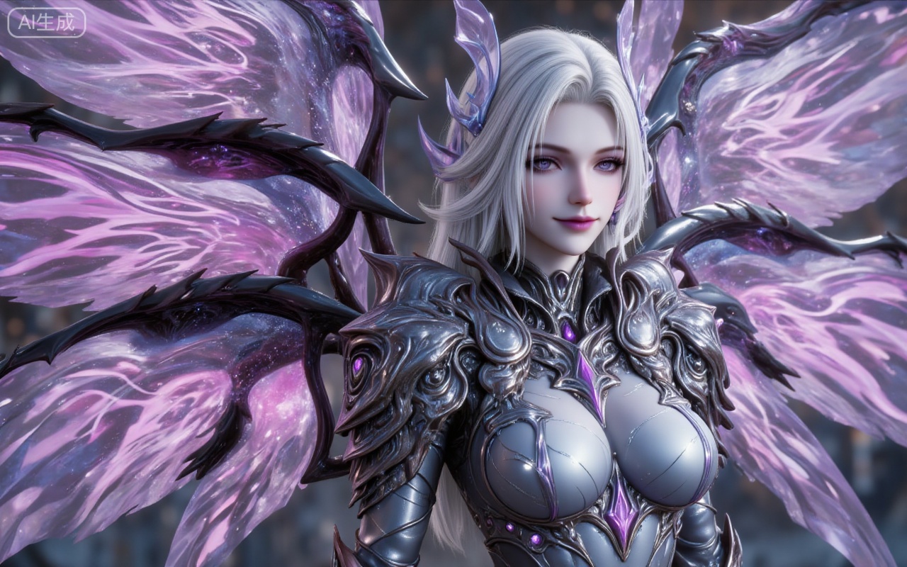 8k,best quality,masterpiece,(ultra-detailed),(high detailed skin),
nancheng, 1girl, wings, solo, breasts, armor, white hair, insect wings, looking at viewer, large breasts, bodysuit, shoulder armor, purple eyes, long hair, butterfly wings, cleavage, pauldrons, purple lips,
lvjing,lvjing,guanghuapifu,pifu