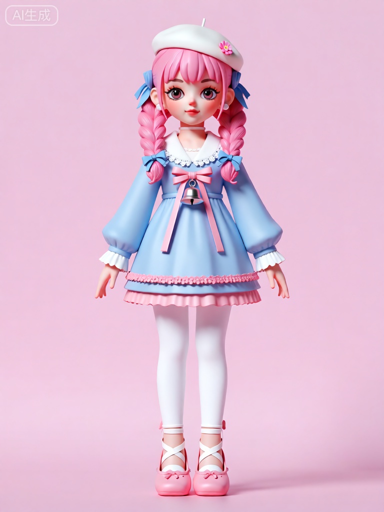 CWIP,这是一个风格化、经过3D 细致渲染的人物雕像图像。角色有着一头粉色的双马尾发型,马尾上系着蓝色的蝴蝶结。他们戴着一顶白色的贝雷帽,帽子上有一个小小的粉色花朵装饰。服装方面,角色穿着一件淡蓝色的连衣裙,裙子的领口和袖口是白色的蕾丝材质,裙摆处有粉色的花边装饰。裙子的腰部系着一条粉色的丝带,丝带上挂着一个银色的小铃铛。下身穿着一条白色的打底裤,脚上是一双粉色的芭蕾舞鞋,鞋面上有白色的丝带缠绕。背景是淡粉色的纯色,让人物成为画面中心。

