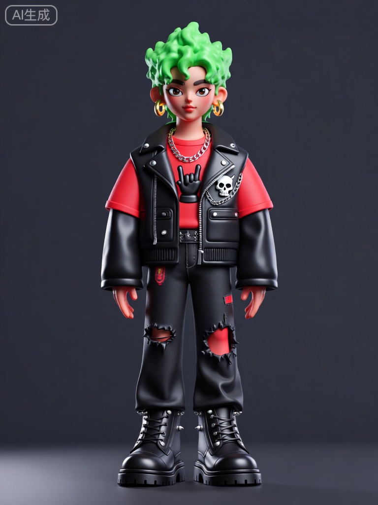 CWIP,这是一尊风格化、3D 渲染的人物雕像图像。角色外表年轻,有着一头绿色的爆炸头,显得十分张扬。他们戴着一副金色的圆形耳环,在灯光下闪闪发光。服装上,角色穿着一件黑色的皮夹克,夹克的表面有银色的链条装饰,左胸口处有一个骷髅头的图案。内搭是一件红色的短袖T 恤,T 恤上印着一个摇滚手势。下身穿着一条黑色的破洞牛仔裤,裤子的膝盖处有红色的补丁。脚上是一双黑色的高帮皮鞋,鞋面上有银色的铆钉。背景是深灰色的纯色,突出人物主体。