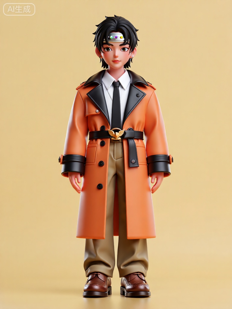 CWIP,这是一个风格化、经过3D 精心渲染的人物雕像图像。角色有着一头黑色的超短发,显得干练利落。他们头上戴着一个银色的头带,上面镶嵌着几颗彩色的宝石。服装上,角色穿着一件橙色的长款风衣,风衣的领口和袖口是黑色的皮质材料,腰间系着一条黑色的腰带,腰带扣是一个金色的鹰形图案。风衣里面搭配了一件白色的衬衫,衬衫的领口敞开,露出里面的黑色领带。下身穿着一条卡其色的休闲裤,裤脚微微卷起,露出脚踝。脚上是一双棕色的皮鞋,鞋面上有精致的雕花。背景是简单的浅黄色,让人物成为视觉中心。