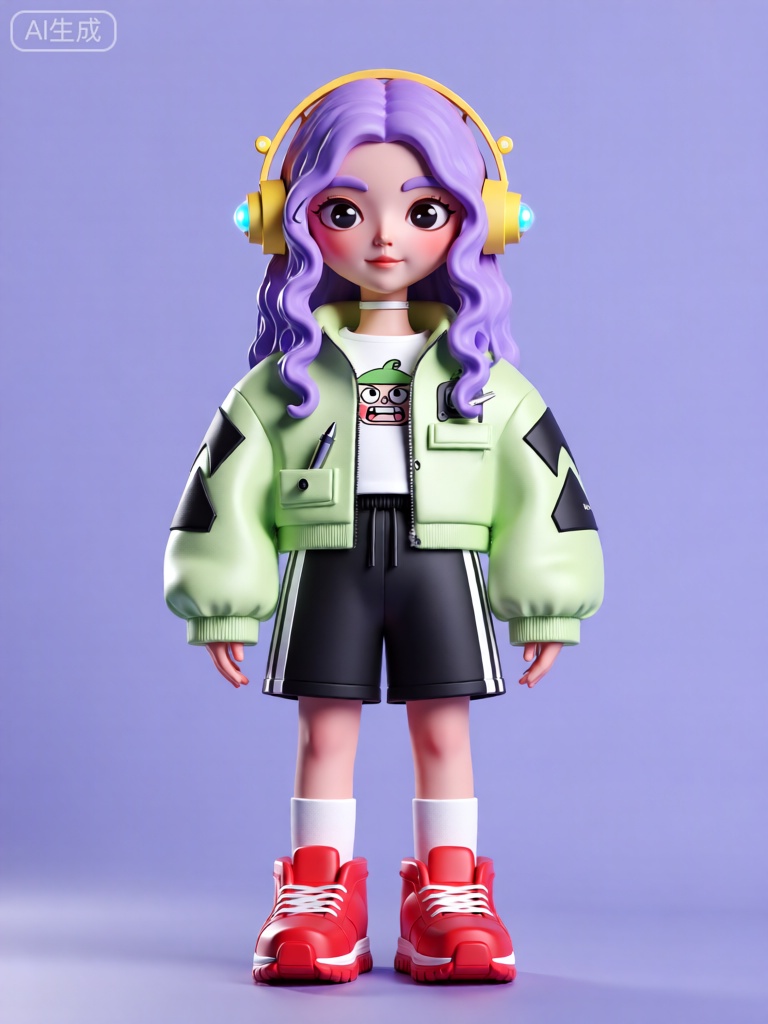 CWIP,这是一尊风格化、3D 渲染的人物雕像图像。角色外表年轻,有着一头紫色的螺旋卷长发,垂落在背后。他们戴着一副黄色的圆形耳罩式耳机,耳机上闪烁着蓝色的灯光。服装方面,角色穿着一件浅绿色的短款夹克,夹克的袖子和后背上有黑色的几何图案装饰,左胸口处有一个小口袋,里面插着一支笔。内搭是一件白色的短袖T 恤,T 恤上印着一个搞怪的卡通脸。下身穿着一条黑色的运动短裤,短裤的两侧有白色的条纹。脚上是一双白色的运动袜和一双红色的运动鞋。背景是淡紫色的纯色,突出人物形象。