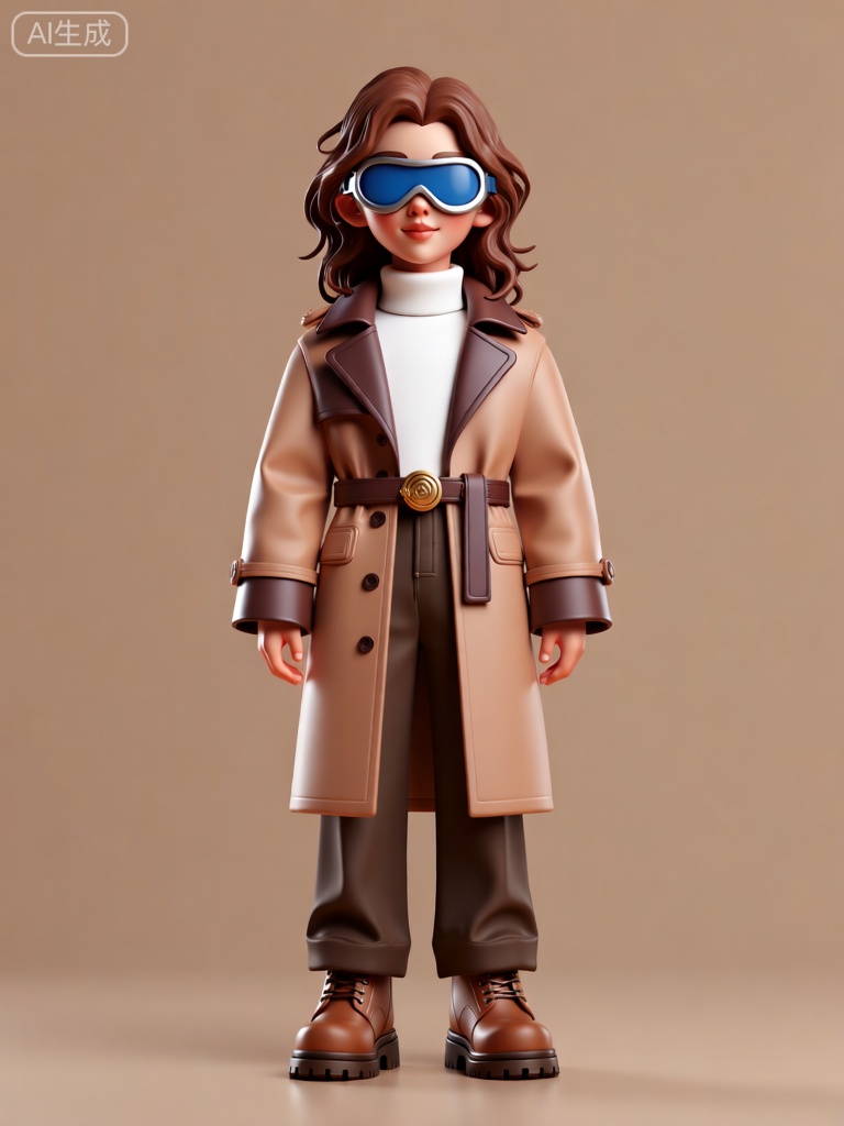 CWIP,这是一幅风格化、3D 渲染效果精美的人物雕像图像。角色留着棕色的微卷长发,头发自然地垂落在肩膀两侧。他们戴着一副蓝色的护目镜,护目镜的镜框是银色的。服装方面,角色穿着一件浅棕色的长款风衣,风衣的领口和袖口是深棕色的皮质材料,腰间系着一条棕色的皮带,皮带扣是一个金色的圆形图案。风衣里面搭配了一件白色的高领毛衣。下身穿着一条深棕色的休闲裤,裤脚塞进了一双棕色的马丁靴里。背景是浅棕色的纯色,让人物成为视觉焦点。