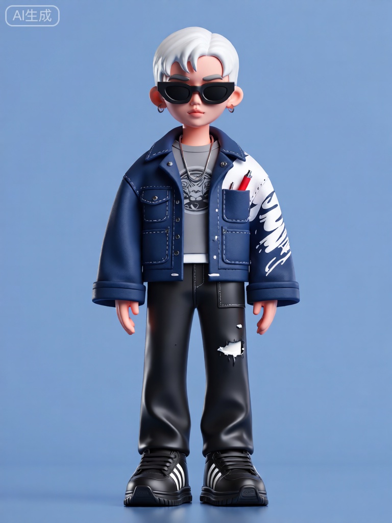 CWIP,这是一个风格化、经过3D 精心打造的人物雕像图像。角色有着一头白色的短发,发型简洁利落。他们戴着一副黑色的墨镜,镜片透着神秘的气息。服装上,角色穿着一件深蓝色的牛仔外套,外套的袖子和后背上有白色的涂鸦图案,左胸口处有一个小口袋,里面插着一支红色的笔。内搭是一件灰色的短袖T 恤,T 恤上印着一个抽象的图案。下身穿着一条黑色的紧身牛仔裤,裤子的膝盖处有白色的磨损痕迹。脚上是一双黑色的运动鞋,鞋面上有白色的条纹。背景是淡蓝色的纯色,突出人物形象。