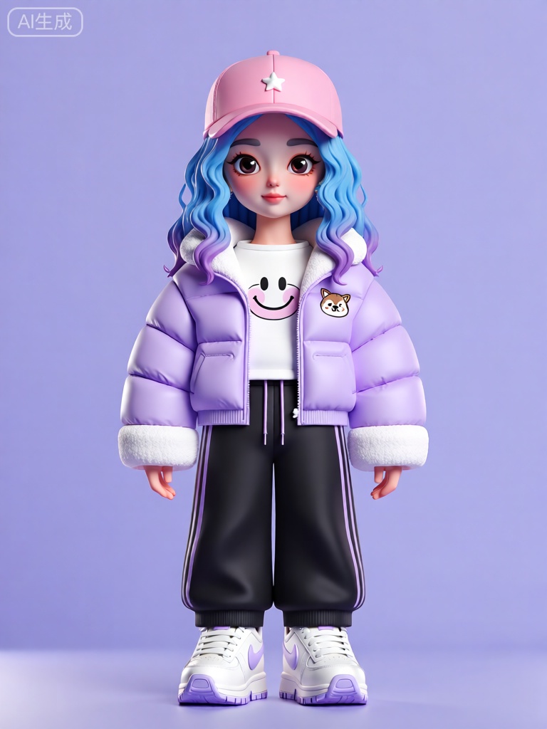 CWIP,这是一尊风格化、3D 渲染的人物雕像图像。角色外表年轻,有着一头蓝色的波浪长发,发尾微微泛紫。他们戴着一顶粉色的棒球帽,帽檐上有一个小小的白色星星装饰。服装方面,角色穿着一件淡紫色的短款羽绒服,羽绒服的领口和袖口是白色的毛绒材质,左胸口处有一个卡通动物的图案。内搭是一件白色的长袖T 恤,T 恤上印着一个可爱的笑脸。下身穿着一条黑色的运动裤,裤子的两侧有紫色的条纹。脚上是一双白色的运动鞋,鞋面上有紫色的点缀。背景是浅紫色的纯色,确保人物是图像的主要焦点。