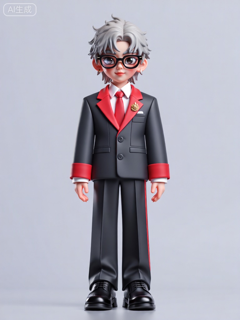 CWIP,这是一幅风格化、3D 渲染效果出众的人物雕像图像。角色留着浅灰色的短发,发型有些凌乱但充满时尚感。他们戴着一副黑色的框架眼镜,镜片反射出智慧的光芒。服装上,角色穿着一件深灰色的西装外套,外套的翻领和袖口处有红色的滚边装饰,左胸口处别着一个金色的胸针。内搭是一件白色的衬衫,衬衫的领口系着一条红色的领带。下身穿着一条黑色的西裤,裤子的侧面有一条红色的细条纹。脚上是一双黑色的皮鞋,鞋面光亮如新。背景是浅灰色的纯色,确保人物是图像焦点。