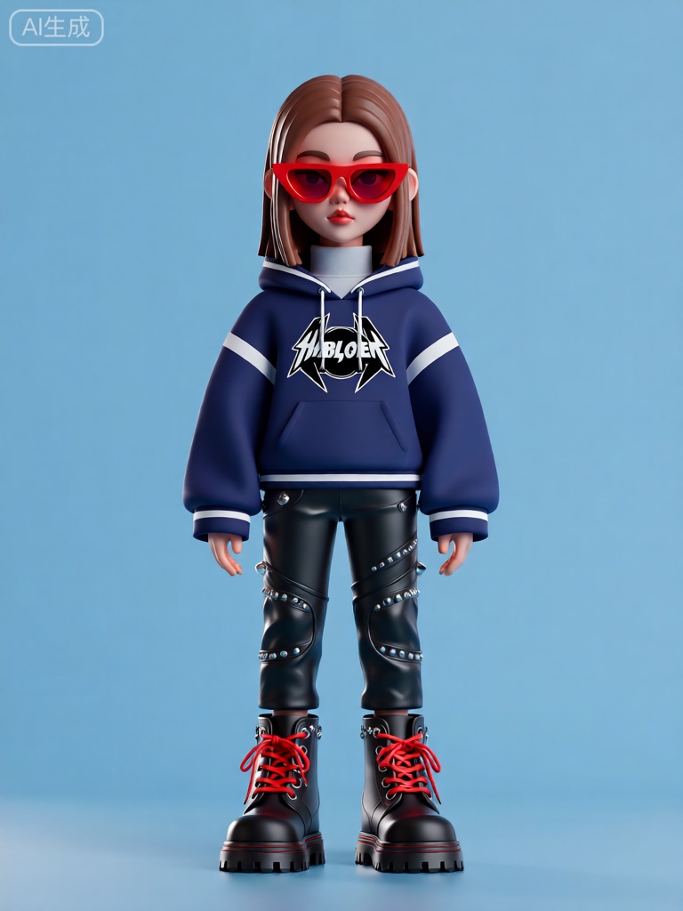 CWIP,这是一幅风格化且3D 渲染效果极佳的人物雕像图像。角色看起来充满朝气,留着棕色的齐肩直发,发尾微微内扣。他们戴着一副红色的时尚墨镜,镜片闪烁着神秘的光泽。服装方面,角色穿着一件深蓝色的连帽卫衣,帽子边缘和袖口处有白色的条纹装饰,胸前印着一个夸张的摇滚乐队标志。卫衣里面搭配了一件浅灰色的高领打底衫。下身穿着一条黑色的紧身皮裤,裤子的膝盖和大腿部位有银色的铆钉装饰,显得个性十足。脚上是一双黑色的高帮马丁靴,鞋带是醒目的红色。背景是纯净的淡蓝色,突出人物主体。
