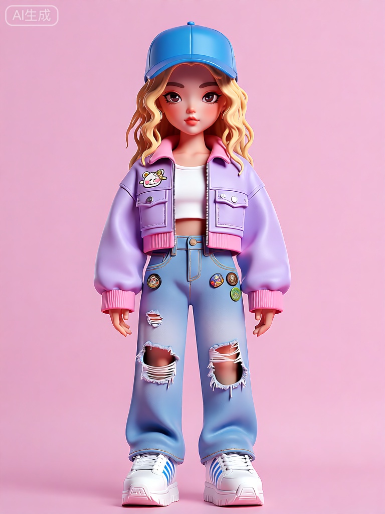 CWIP,这是一尊极具风格化、经过精细3D 渲染的人物雕像图像。角色呈现出青春活力的模样,有着一头金色的波浪卷长发,随意地披散在肩膀。他们头上佩戴着一顶蓝色的棒球帽,帽檐微微下压。角色的服装搭配十分独特,上身是一件淡紫色的短款牛仔外套,衣领、袖口以及下摆处有着粉色的滚边装饰,左胸口处绣着一个可爱的卡通图案。内搭是一件白色的露脐短背心。下身穿着一条浅蓝色的破洞牛仔裤,膝盖处的破洞设计增添了几分不羁。裤子的两侧口袋上别着几个小巧的、颜色各异的徽章。脚上蹬着一双白色的运动鞋,鞋面上有蓝色的条纹点缀。背景是简洁的淡粉色,让人物成为图像中绝对的核心。
