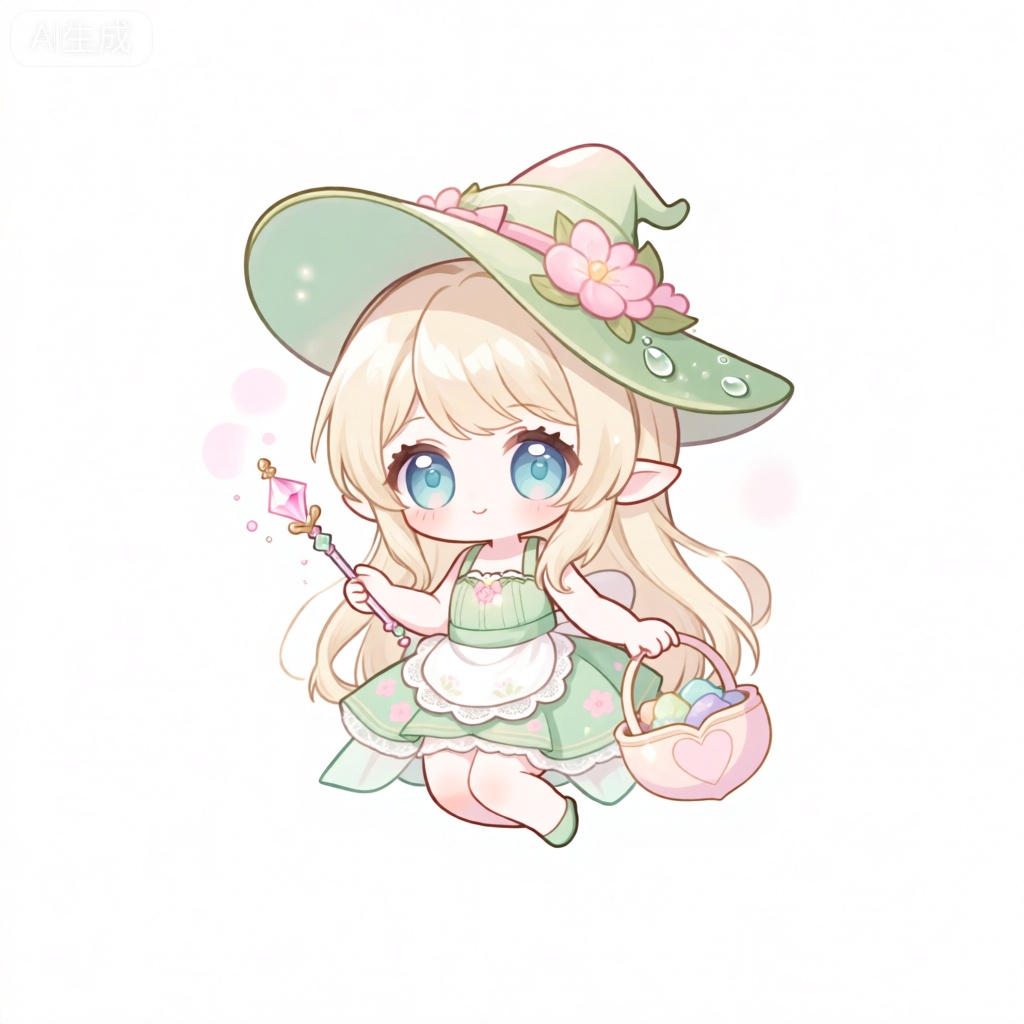 KTXR,描绘了一个梦幻精灵风格的女角色,有着如瀑布般垂落的淡金色长发和如湖水般清澈的蓝色大眼睛。这个角色戴着一顶造型独特的精灵帽,帽子是浅绿色的,帽檐上装饰着粉色的花朵和闪烁的露珠,帽顶有一个小巧的粉色蝴蝶结。角色的服装包括带有粉色小花图案的浅绿色连衣裙,裙摆轻盈飘逸,搭配着一条白色的蕾丝围裙。这个角色一手拿着一根顶端镶嵌着粉色水晶的魔法棒,另一只手提着一个淡粉色心形的小篮子,里面装满了散发着微光的彩色小石头。角色呈坐姿,双腿弯曲,双手分别拿着物品置于身前,角色头部附近有淡粉色的小光晕。整体风格可爱又灵动。

