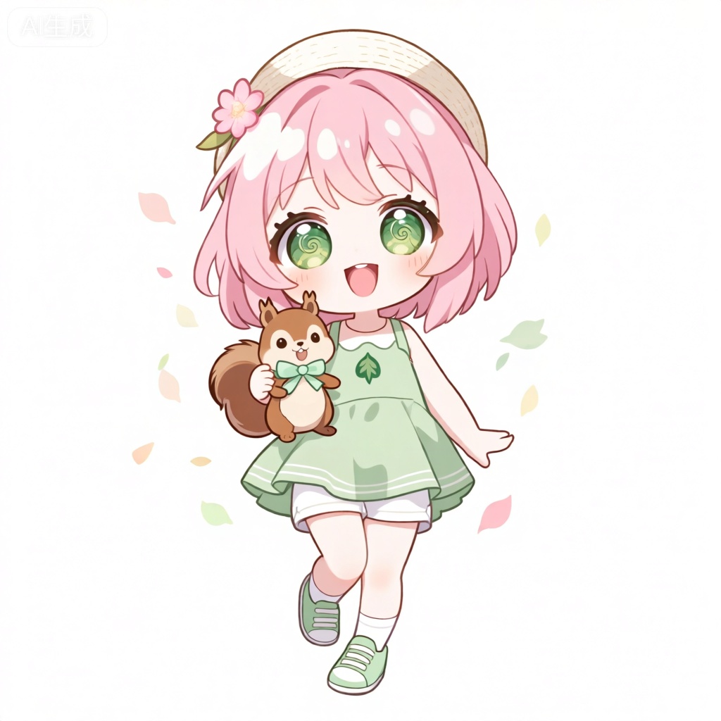 KTXR,此图像刻画了一个动漫风格的角色,有着粉红色的短发,发丝蓬松柔软,像是天边的云朵。她有着一双如绿宝石般明亮的大眼睛,瞳孔中有着旋转的树叶图案,仿佛蕴含着大自然的活力。角色戴着一顶白色的草帽,左侧别着一支粉色的小花。她张大嘴巴,露出开心的表情,粉红色的小舌头欢快地伸着。她穿着一件浅绿色的连衣裙,搭配白色的短裤,裙摆是荷叶边样式,活泼又可爱。衣服设计简洁,在胸前有一个小小的绿色树叶标志。该角色还穿着白色的短袜和浅绿色的运动鞋,鞋面上有白色的条纹。她手里拿着一只棕色的小松鼠玩偶,玩偶脖子上系着浅绿色的蝴蝶结,小松鼠有着毛茸茸的尾巴和机灵的眼神。背景是洁白的白色,人物周围散落着彩色的小树叶状闪光,有粉红、浅绿、淡黄等颜色,整体风格可爱俏皮,夸张的大眼睛和小巧的身形,强调出角色活泼灵动的模样。

